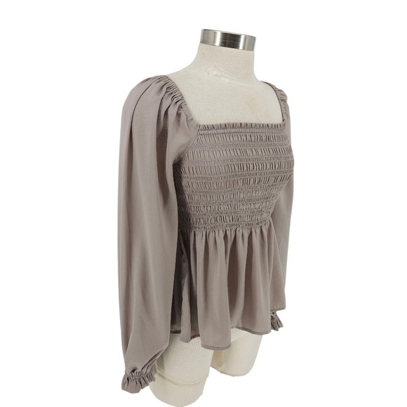 GAP Peplum Top Taupe Long Sleeve Smocked Square Neck Peasant Shirt Small - Picture 3 of 7